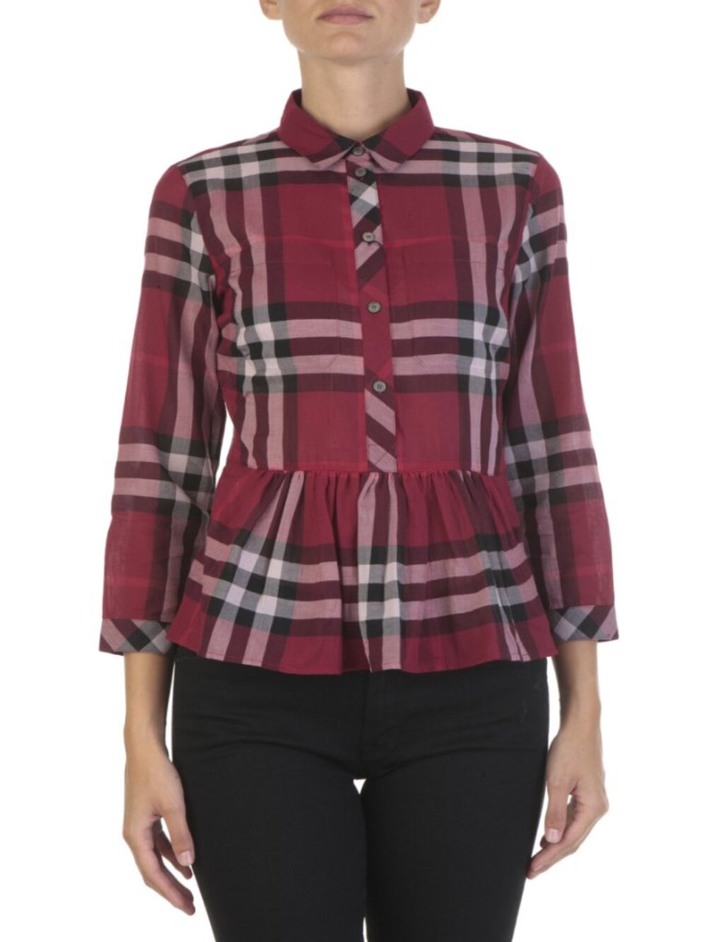 NWT! BURBERRY Women's Check Cotton Peplum Shirt In Red Gingham Size S 40129951